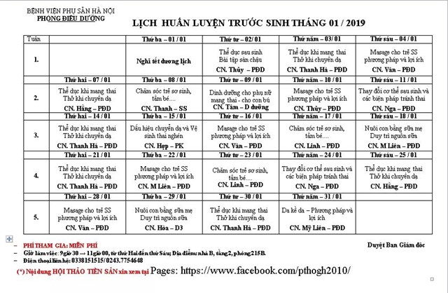 Lịch huấn luyện tiền sản tháng 01/2019