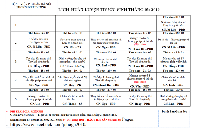 Lịch huấn luyện trước sinh tháng 3/2019