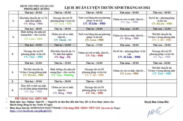 Lịch huấn luyện trước sinh tháng 32020