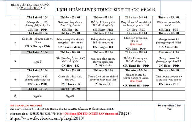 Lịch tập huấn trước sinh tháng 04/2019